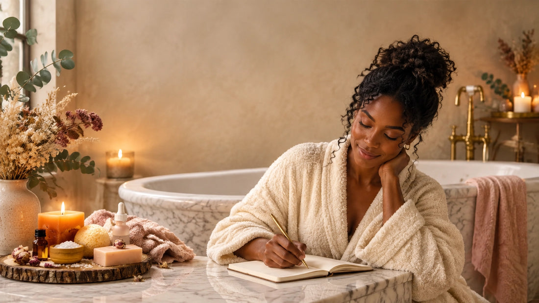 African American woman in a cream robe writing a love note to herself beside a warm marble bathtub