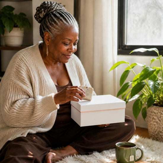 Hearth Nurturer: a Black woman in her 60s with silver locs opening her white G Spot Studio ritual box at home