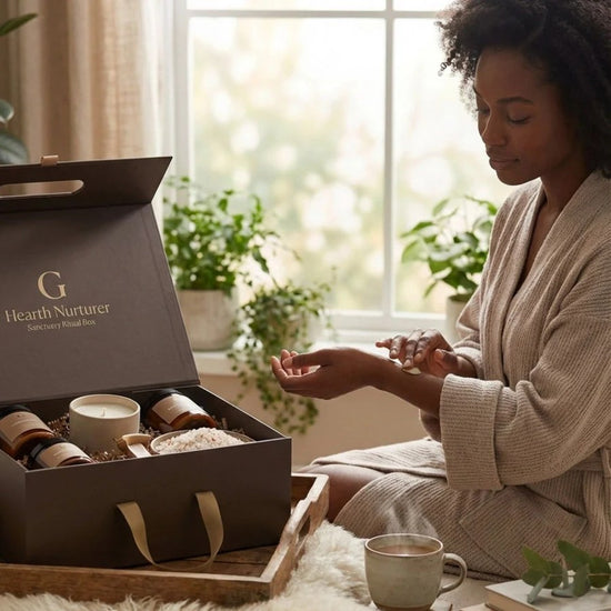 Hearth Nurturer: a Black woman unwinding at home with her Hearth Nurturer ritual box