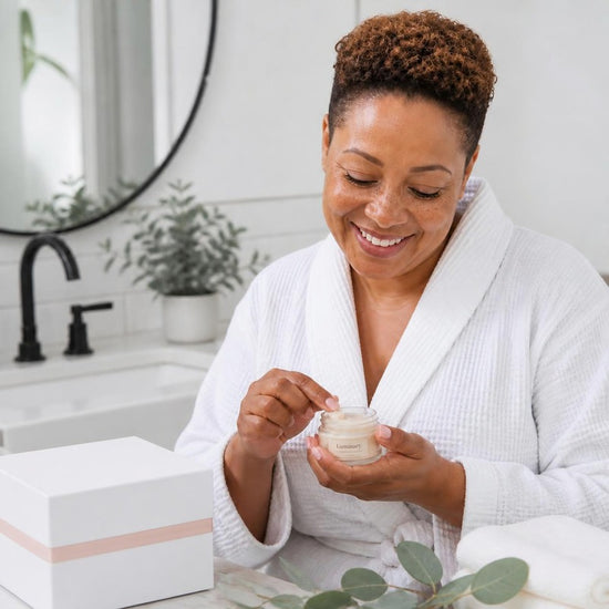 Luminary Glow-Getter: a smiling Black woman in her 40s with short natural curls applying body butter beside her white ritual box