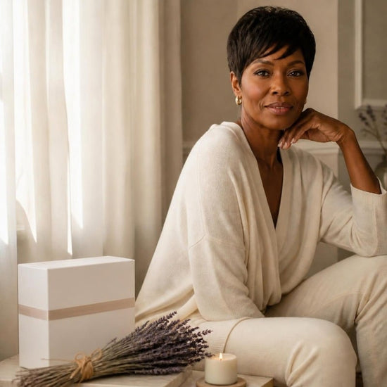 Siren Muse: an elegant Black woman in her 50s with a short pixie cut beside her white ritual box, lavender and a candle
