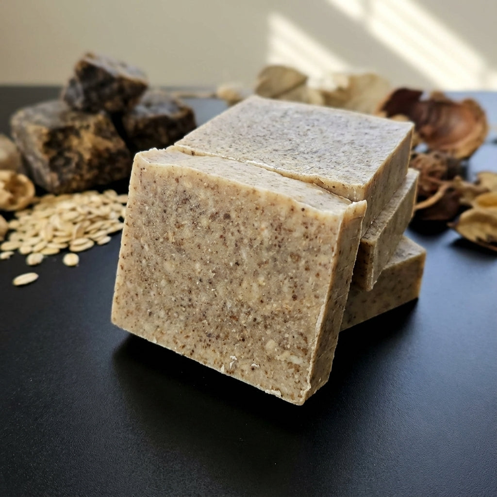 You will be generating high-quality product photos for an online stores product page. The product images should closely match the original products.
      Here is the prompt (IMPORTANT!): """A high-resolution close-up shot of the 'Black and Oatmeal Soap - 