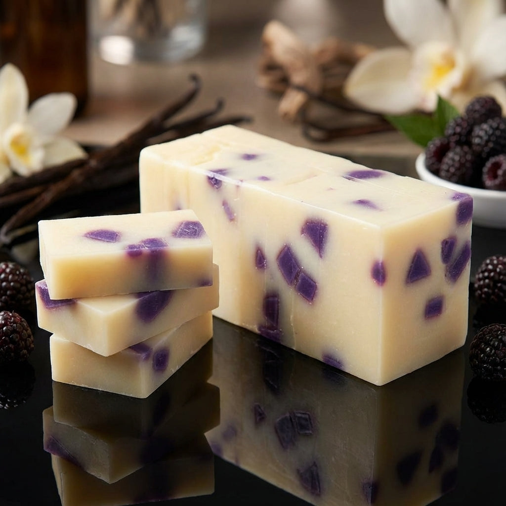 You will be generating high-quality product photos for an online stores product page. The product images should closely match the original products.
      Here is the prompt (IMPORTANT!): """A luxurious close-up shot of the 'Black Raspberry Vanilla Soap' o