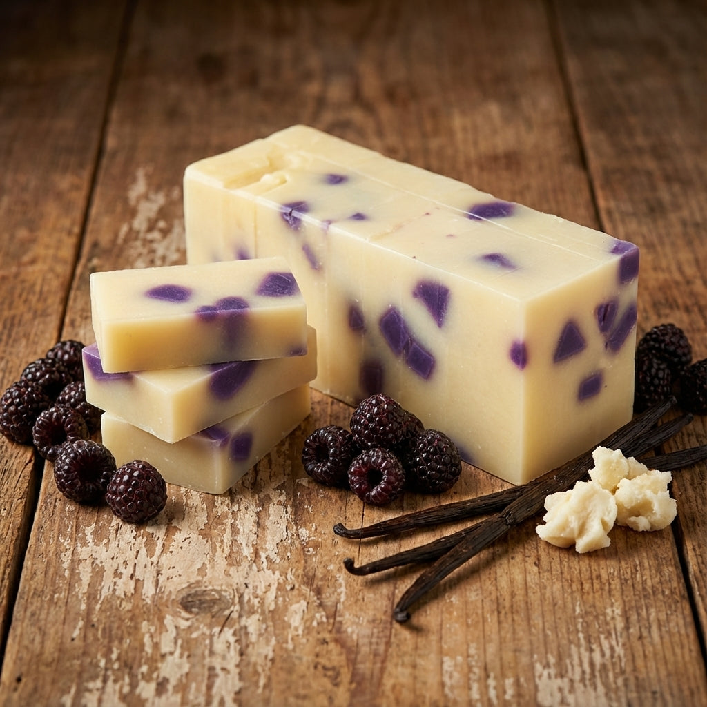 You will be generating high-quality product photos for an online stores product page. The product images should closely match the original products.
      Here is the prompt (IMPORTANT!): """A high-angle, studio shot of the 'Black Raspberry Vanilla Soap' s