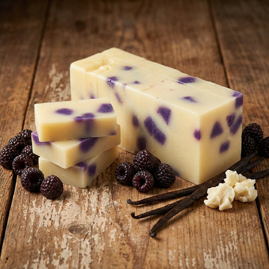 You will be generating high-quality product photos for an online stores product page. The product images should closely match the original products.
Here is the prompt (IMPORTANT!): """A high-angle, studio shot of the 'Black Raspberry Vanilla Soap' s
