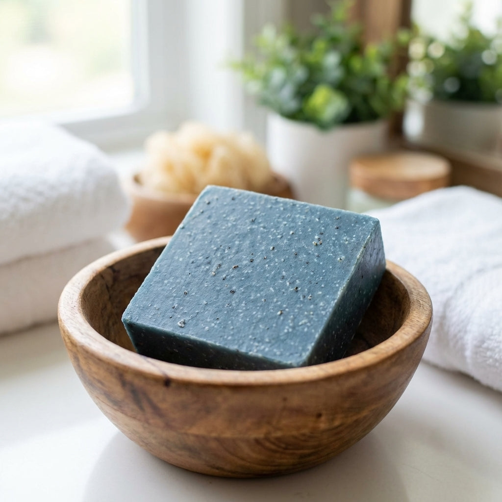 You will be generating high-quality product photos for an online stores product page. The product images should closely match the original products.
      Here is the prompt (IMPORTANT!): """An elegant lifestyle scene showing the Blueberry Scrub Soap nestl