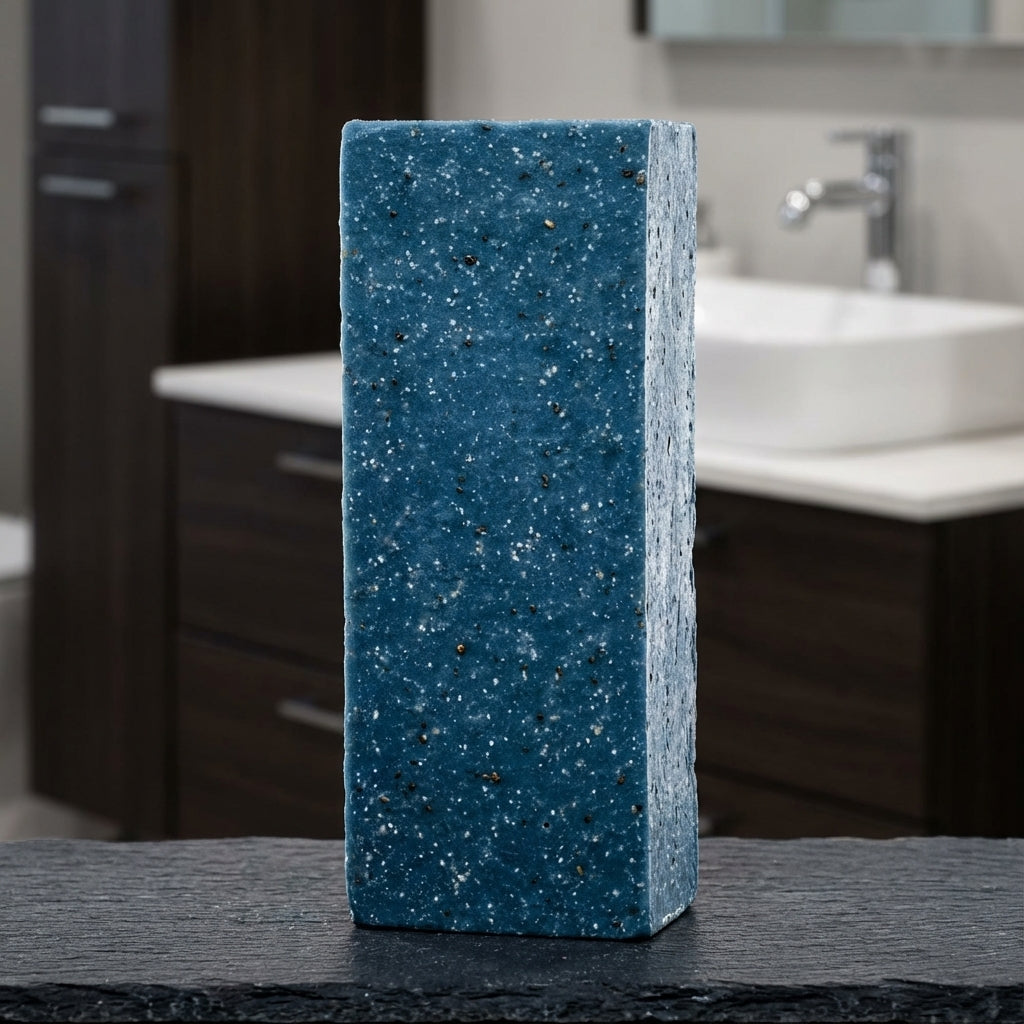 You will be generating high-quality product photos for an online stores product page. The product images should closely match the original products.
      Here is the prompt (IMPORTANT!): """A dynamic product display featuring the Blueberry Scrub Soap stan