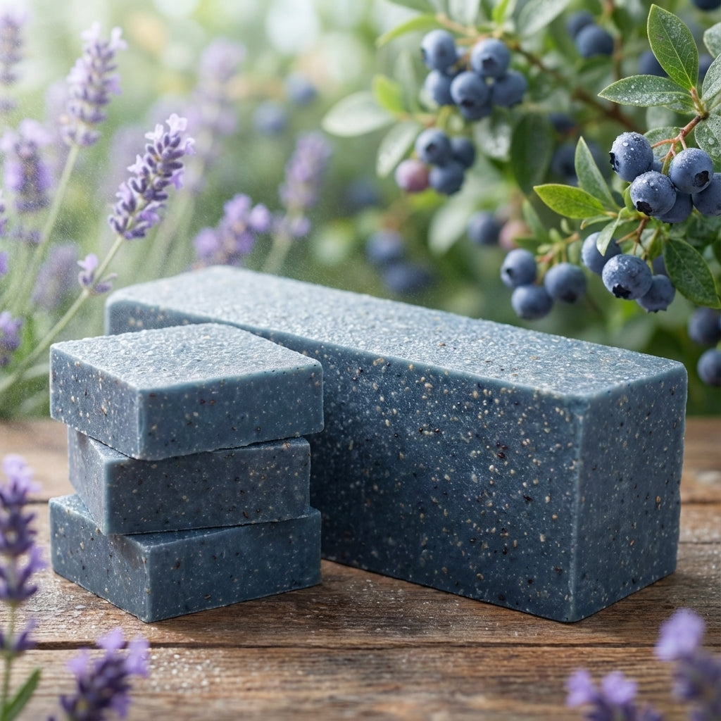 You will be generating high-quality product photos for an online stores product page. The product images should closely match the original products.
      Here is the prompt (IMPORTANT!): """A creative, artistic shot of the Blueberry Scrub Soap against a s