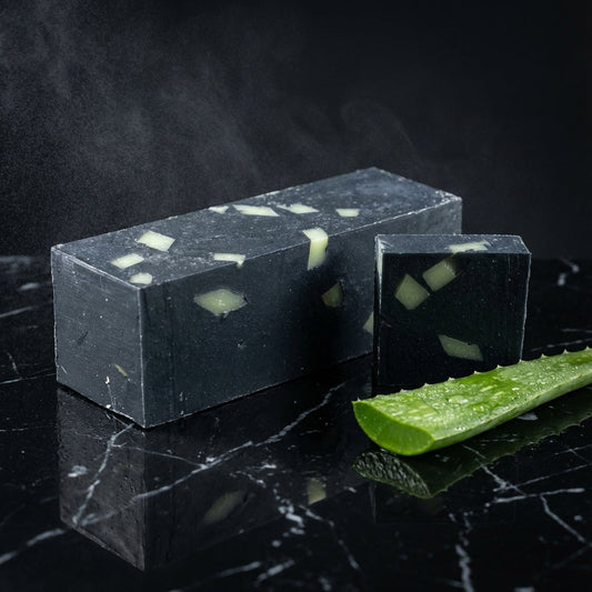You will be generating high-quality product photos for an online stores product page. The product images should closely match the original products.
Here is the prompt (IMPORTANT!): """A high-resolution studio shot of the 'Charcoal Aloe Soap' set aga