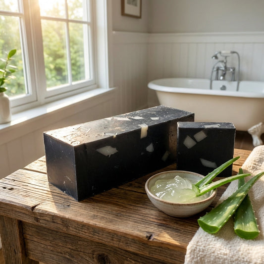 You will be generating high-quality product photos for an online stores product page. The product images should closely match the original products.
Here is the prompt (IMPORTANT!): """A vibrant lifestyle scene featuring the 'Charcoal Aloe Soap' on a