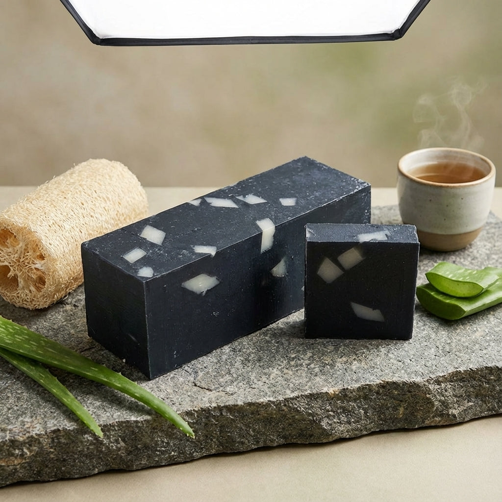 You will be generating high-quality product photos for an online stores product page. The product images should closely match the original products.
      Here is the prompt (IMPORTANT!): """A dynamic, editorial-style image of the 'Charcoal Aloe Soap' disp