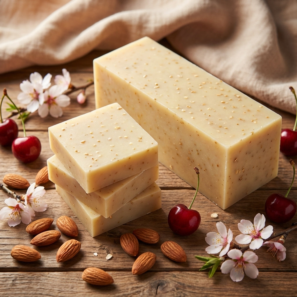 You will be generating high-quality product photos for an online stores product page. The product images should closely match the original products.
      Here is the prompt (IMPORTANT!): """A high-angle, overhead shot of the Cherry Almond Soap set on a ru