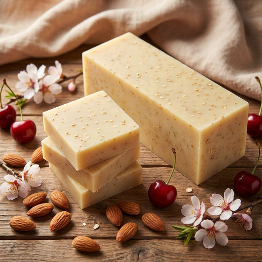 You will be generating high-quality product photos for an online stores product page. The product images should closely match the original products.
Here is the prompt (IMPORTANT!): """A high-angle, overhead shot of the Cherry Almond Soap set on a ru