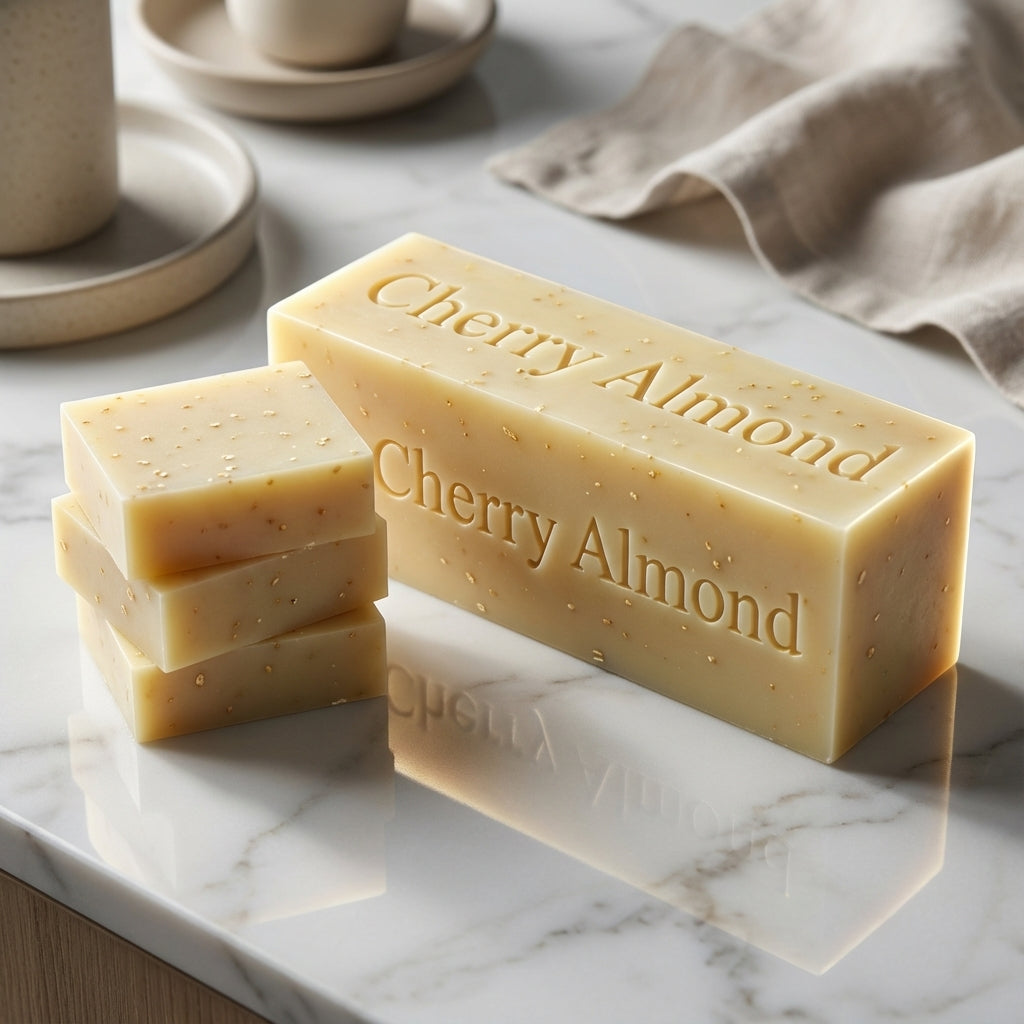 You will be generating high-quality product photos for an online stores product page. The product images should closely match the original products.
      Here is the prompt (IMPORTANT!): """A studio shot capturing the Cherry Almond Soap from a slightly si