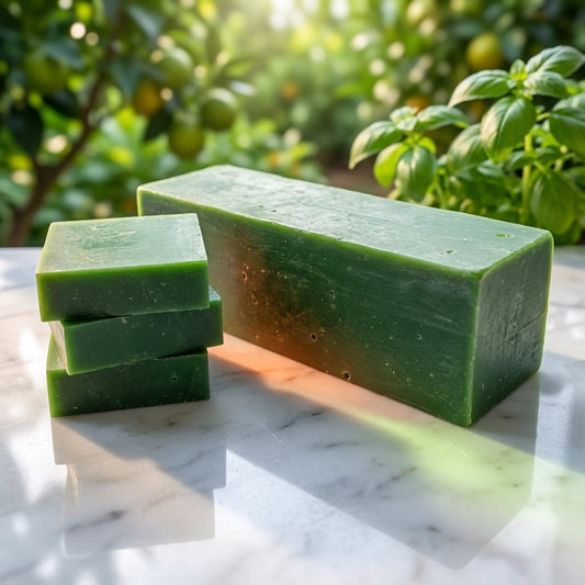 You will be generating high-quality product photos for an online stores product page. The product images should closely match the original products.
Here is the prompt (IMPORTANT!): """A high-resolution studio shot of the 'Cool Citrus Basil Soap' pla