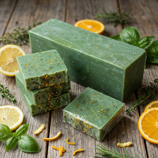You will be generating high-quality product photos for an online stores product page. The product images should closely match the original products.
      Here is the prompt (IMPORTANT!): """A cinematic overhead shot of the 'Cool Citrus Basil Soap' set on 