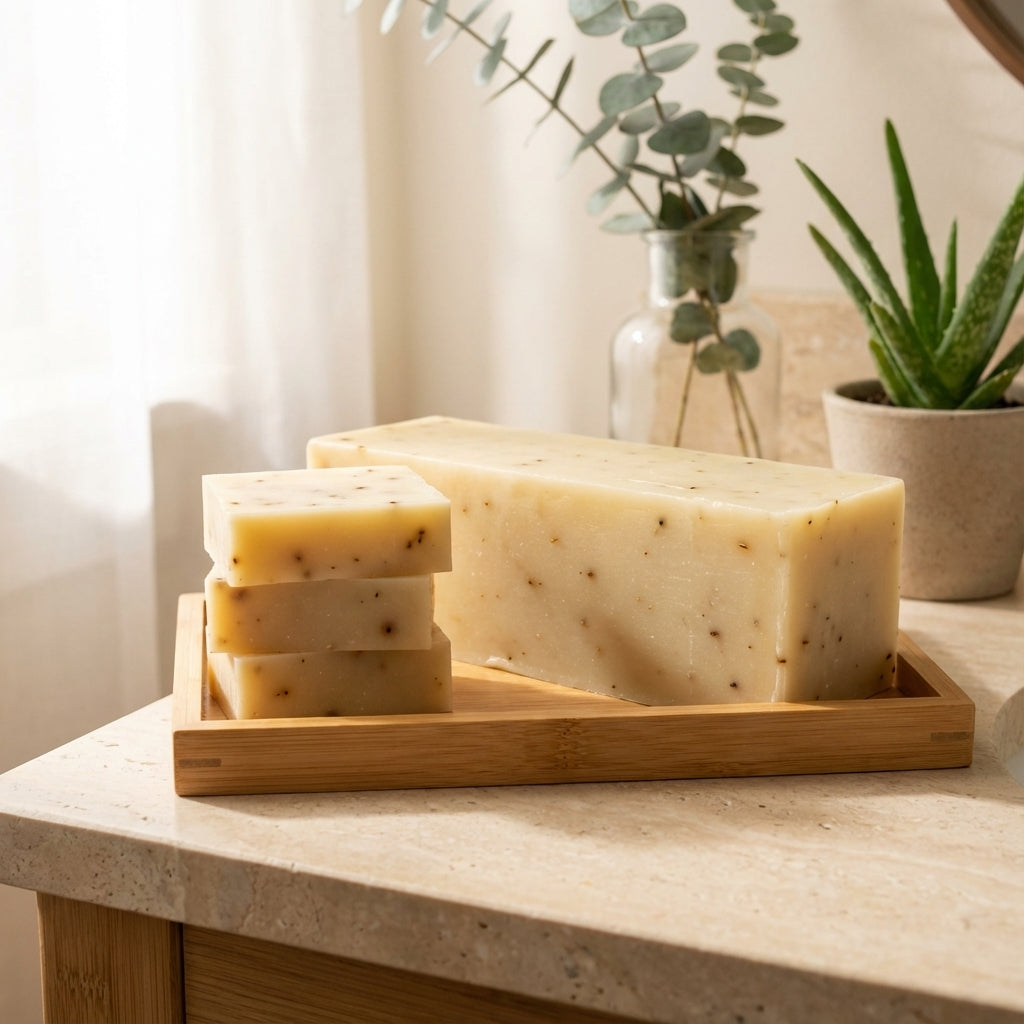 You will be generating high-quality product photos for an online stores product page. The product images should closely match the original products.
      Here is the prompt (IMPORTANT!): """A lifestyle scene featuring the 'Eucalyptus Aloe Soap' set agains
