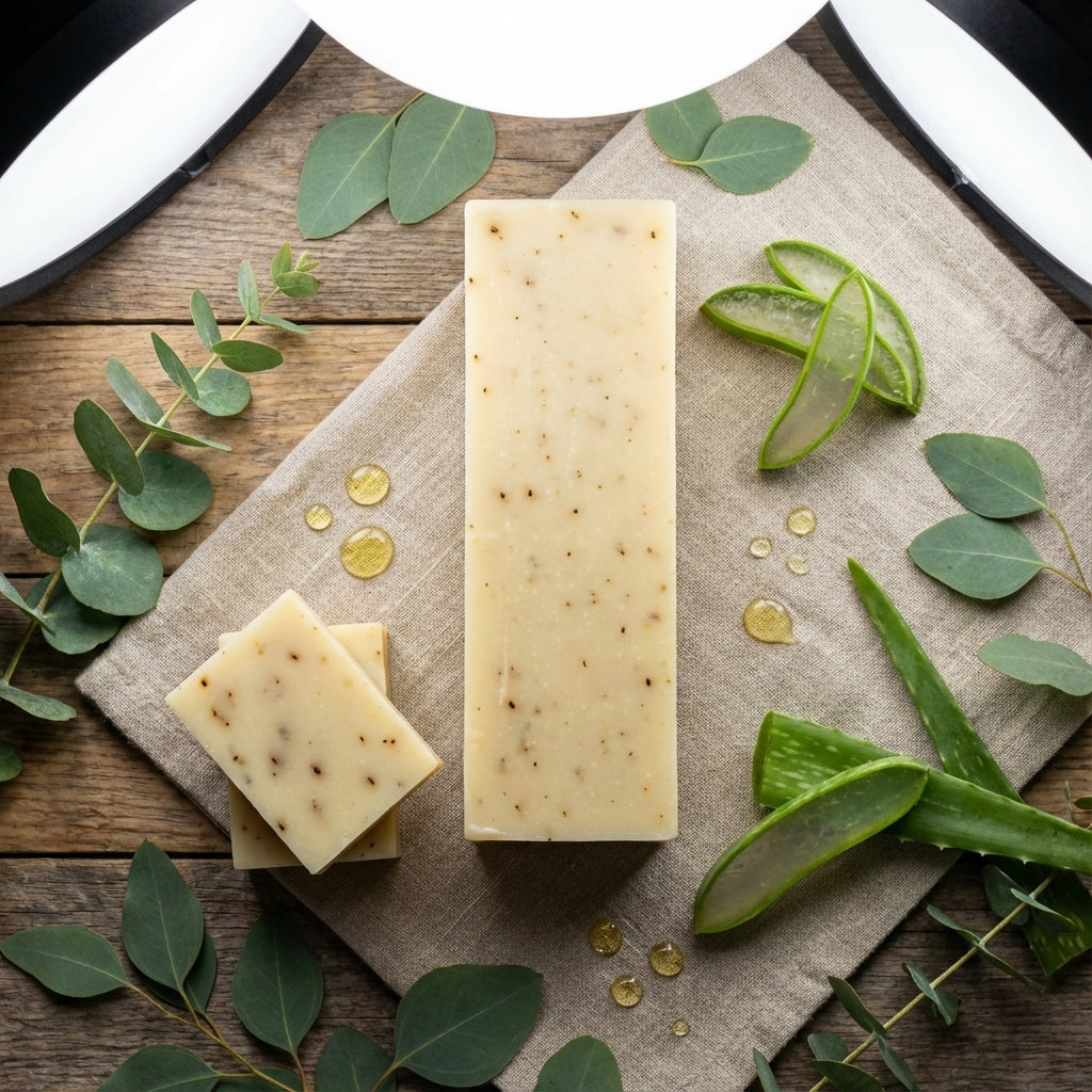 You will be generating high-quality product photos for an online stores product page. The product images should closely match the original products.
      Here is the prompt (IMPORTANT!): """A sophisticated flat-lay composition of the 'Eucalyptus Aloe Soap