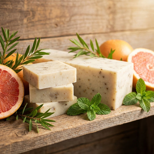 You will be generating high-quality product photos for an online stores product page. The product images should closely match the original products.
Here is the prompt (IMPORTANT!): """A lifestyle image capturing the 'Grapefruit Tea Tree Scrub Soap'