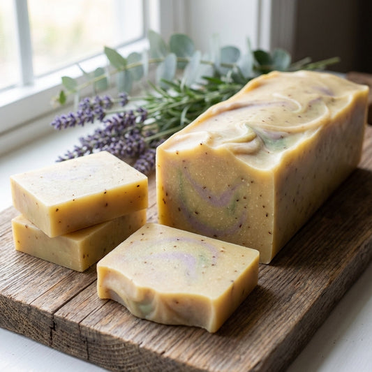 You will be generating high-quality product photos for an online stores product page. The product images should closely match the original products.
Here is the prompt (IMPORTANT!): """A close-up of the 'Eucalyptus Lavender Goat's Milk Soap' elegantl