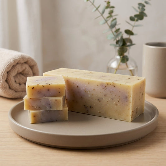 You will be generating high-quality product photos for an online stores product page. The product images should closely match the original products.
Here is the prompt (IMPORTANT!): """A studio shot of the 'Eucalyptus Lavender Goat’s Milk Soap' stack