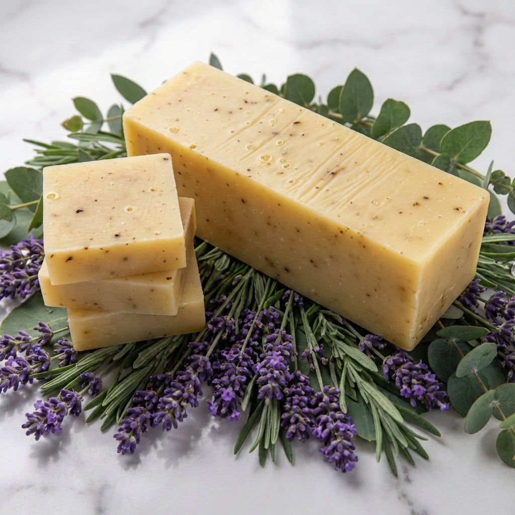 You will be generating high-quality product photos for an online stores product page. The product images should closely match the original products.
      Here is the prompt (IMPORTANT!): """An overhead shot of the 'Eucalyptus Lavender Goat’s Milk Soap' re