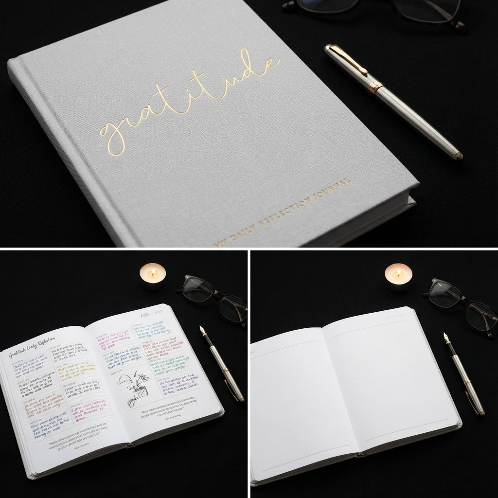 You will be generating high-quality product photos for an online stores product page. The product images should closely match the original products.
      Here is the prompt (IMPORTANT!): """A high-end, studio-shot of the 'Gratitude Daily Reflection Journa