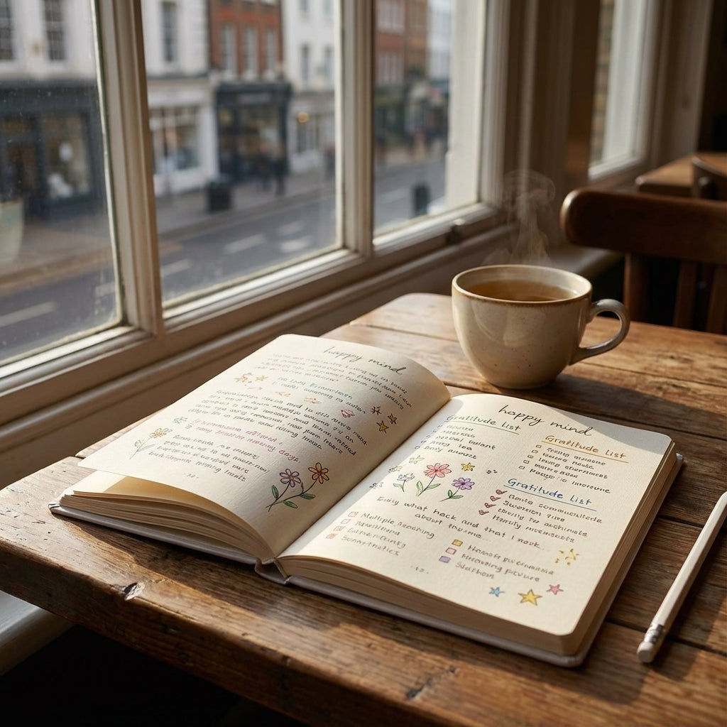 You will be generating high-quality product photos for an online stores product page. The product images should closely match the original products.
      Here is the prompt (IMPORTANT!): """2. A lifestyle scene showcasing the 'Happy Mind Well-being Journa