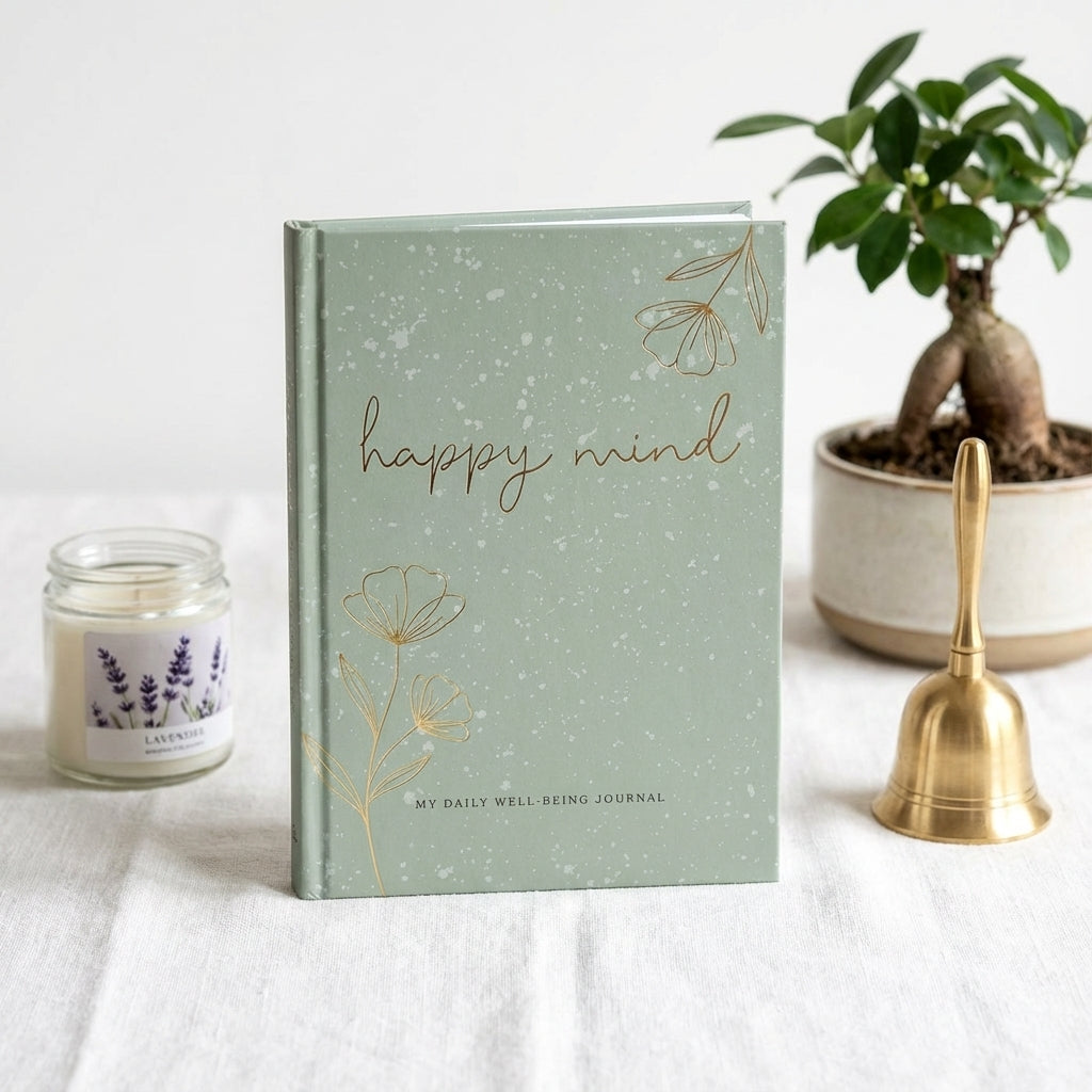 You will be generating high-quality product photos for an online stores product page. The product images should closely match the original products.
      Here is the prompt (IMPORTANT!): """3. An overhead shot of the 'Happy Mind Well-being Journal' standi