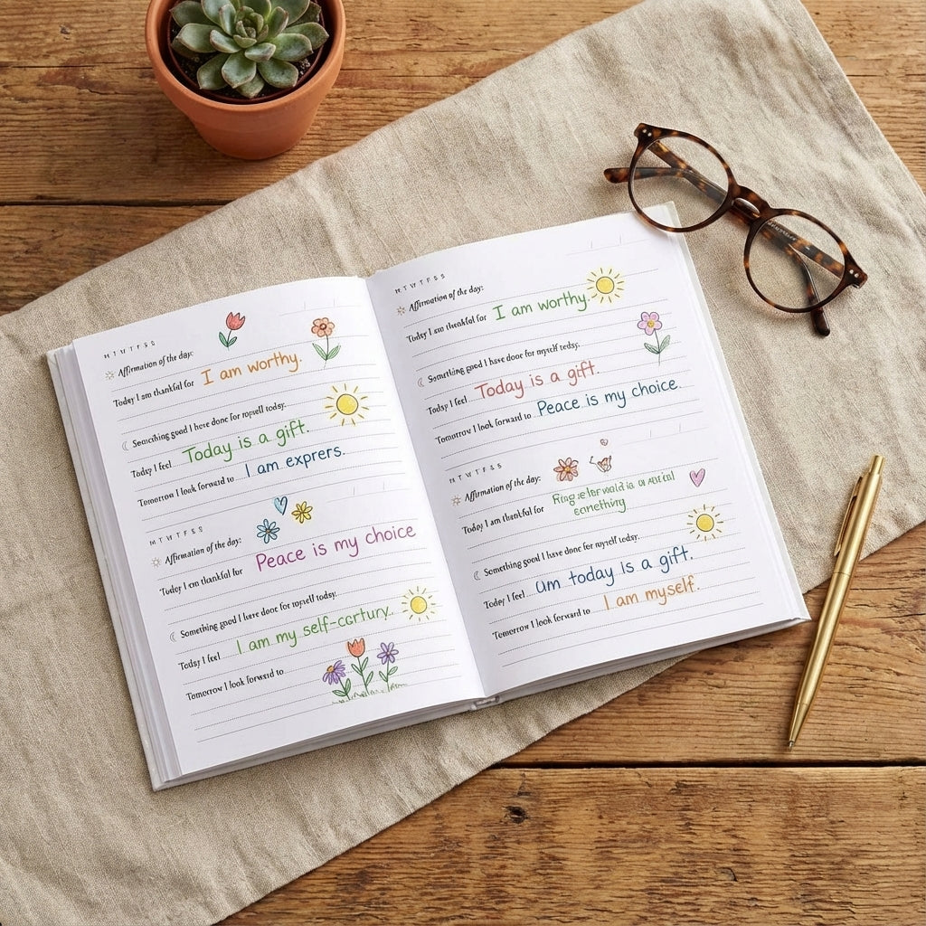 You will be generating high-quality product photos for an online stores product page. The product images should closely match the original products.
      Here is the prompt (IMPORTANT!): """4. A styled flat lay scene of the 'Happy Mind Well-being Journal'