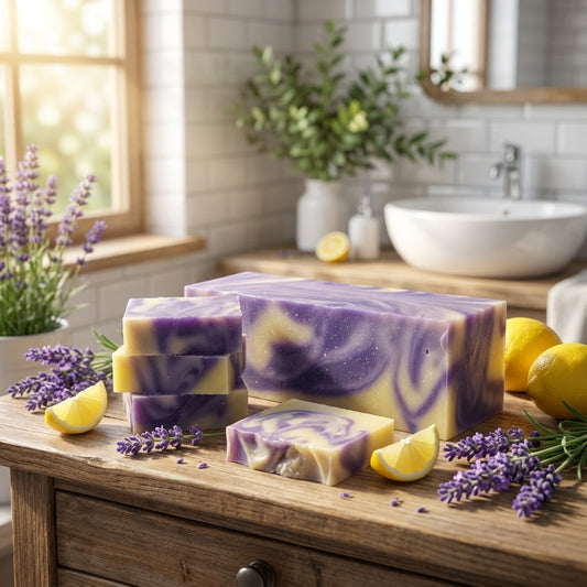 You will be generating high-quality product photos for an online stores product page. The product images should closely match the original products.
Here is the prompt (IMPORTANT!): """A vibrant lifestyle scene showcasing the Lavender Lemongrass Soap