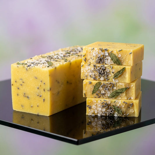 You will be generating high-quality product photos for an online stores product page. The product images should closely match the original products.
      Here is the prompt (IMPORTANT!): """A studio shot of the Lavender Verbena Scrub Soap placed elegantly