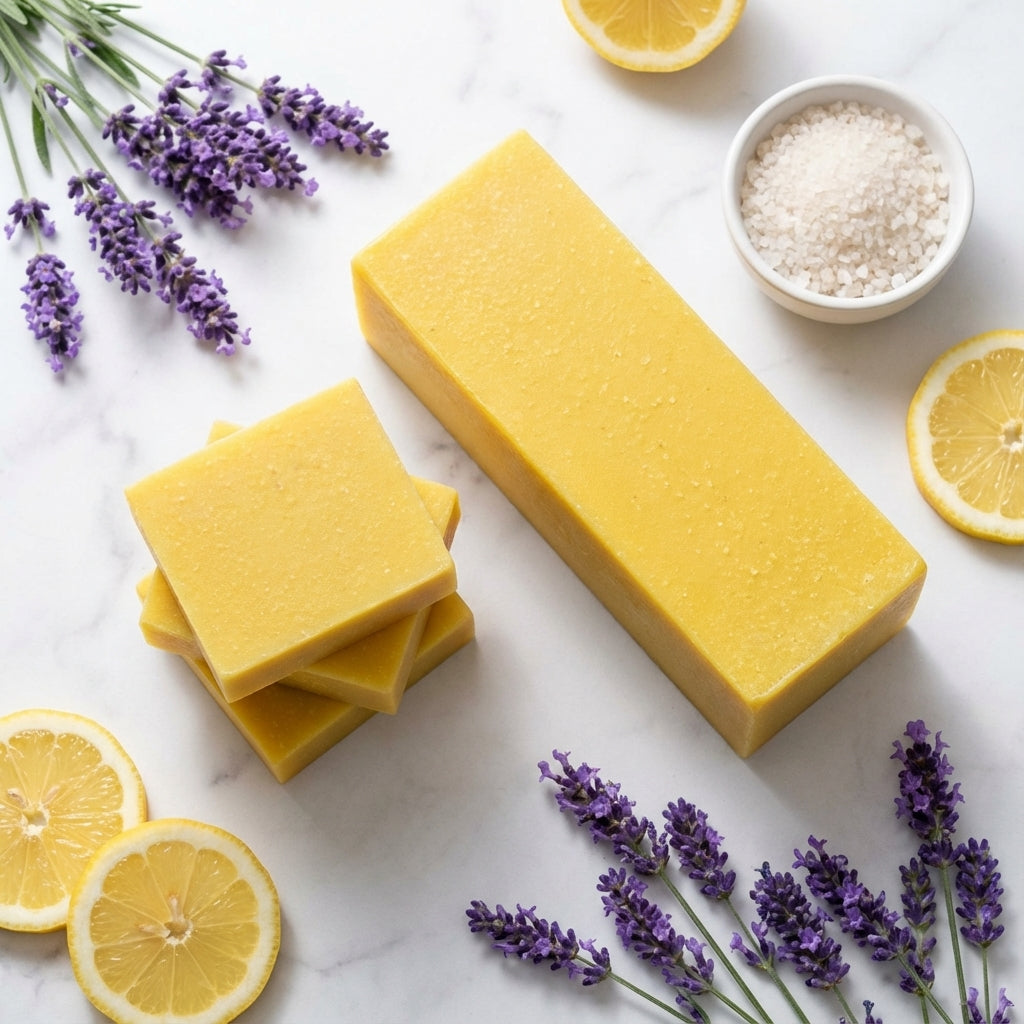 You will be generating high-quality product photos for an online stores product page. The product images should closely match the original products.
      Here is the prompt (IMPORTANT!): """A artistic flat lay of the Lavender Verbena Scrub Soap displayed 
