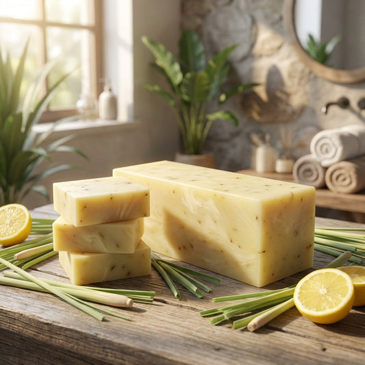 You will be generating high-quality product photos for an online stores product page. The product images should closely match the original products.
Here is the prompt (IMPORTANT!): """A fresh, lifestyle scene showing the Lemongrass Soap atop a weath
