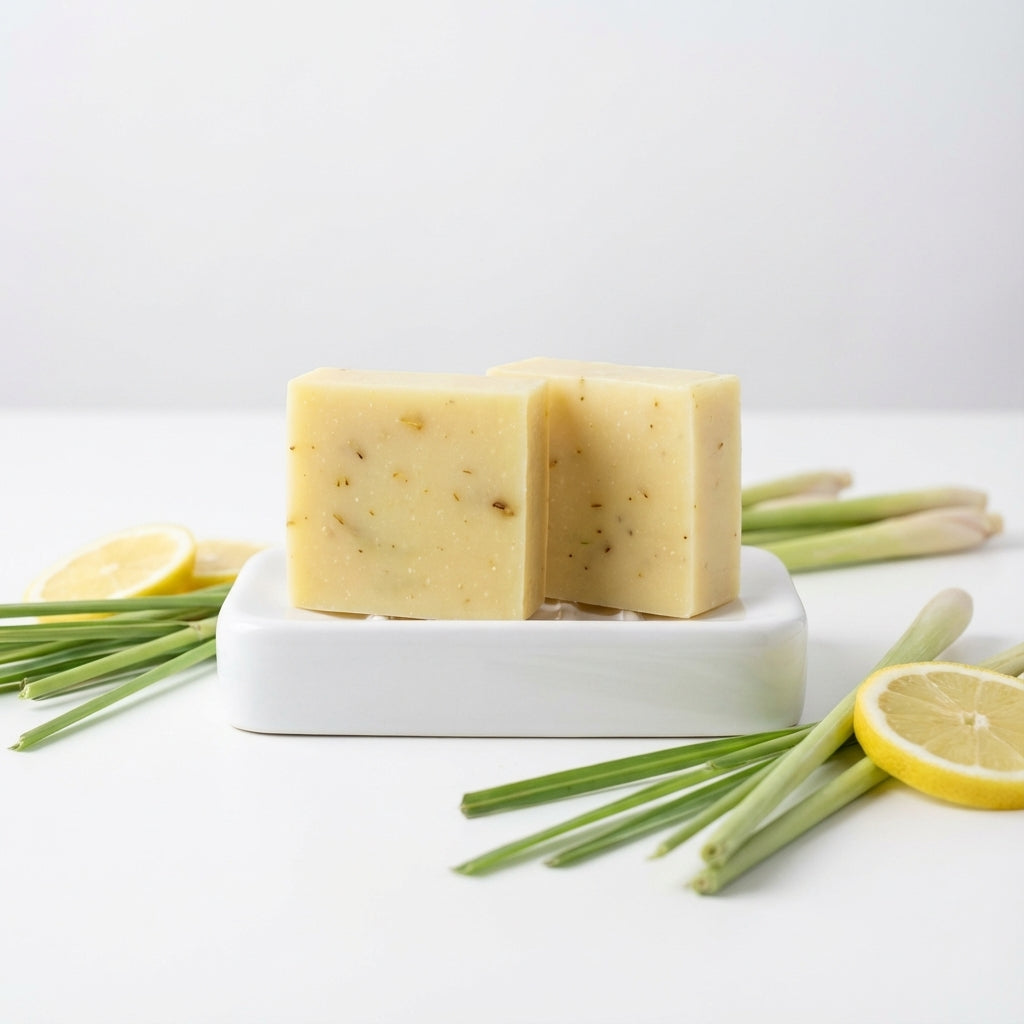 You will be generating high-quality product photos for an online stores product page. The product images should closely match the original products.
      Here is the prompt (IMPORTANT!): """A minimalistic editorial-style shot of Lemongrass Soap in a brigh