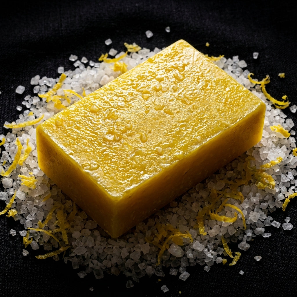 You will be generating high-quality product photos for an online stores product page. The product images should closely match the original products.
      Here is the prompt (IMPORTANT!): """A high-contrast product shot of the Lemon Zest Scrub Soap lying o