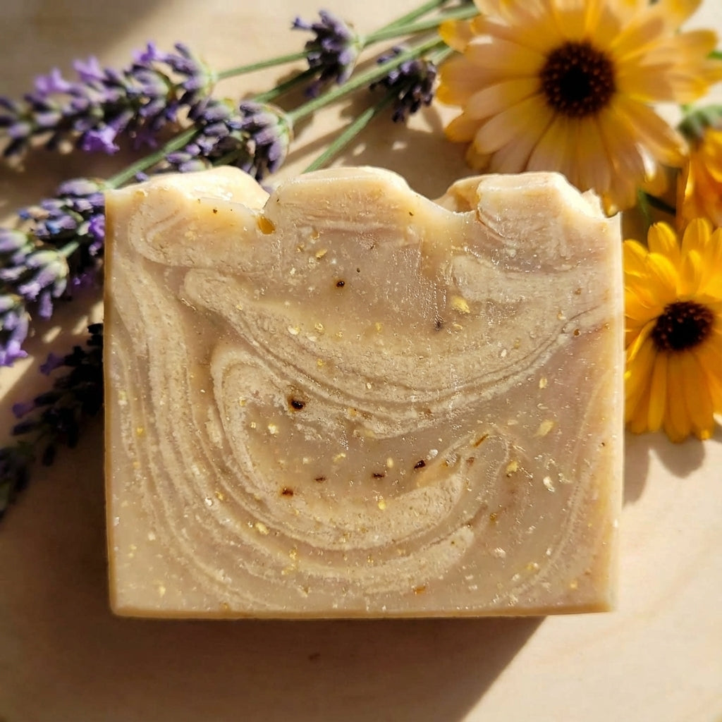 You will be generating high-quality product photos for an online stores product page. The product images should closely match the original products.
      Here is the prompt (IMPORTANT!): """A close-up, macro-style image of the oatmeal honey soap in natura
