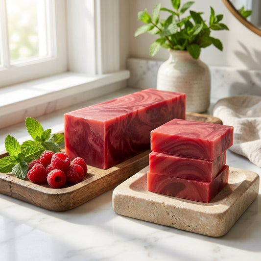You will be generating high-quality product photos for an online stores product page. The product images should closely match the original products.
      Here is the prompt (IMPORTANT!): """A lifestyle scene featuring the Raspberry Mint Soap in a bright, 