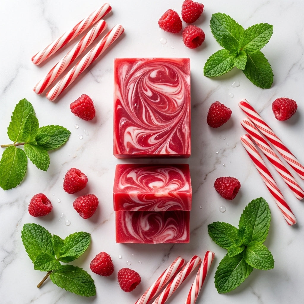 You will be generating high-quality product photos for an online stores product page. The product images should closely match the original products.
      Here is the prompt (IMPORTANT!): """A creative flat lay composition of the Raspberry Mint Soap surrou