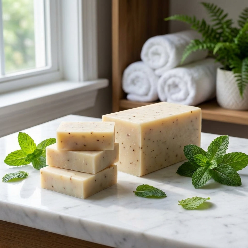 You will be generating high-quality product photos for an online stores product page. The product images should closely match the original products.
      Here is the prompt (IMPORTANT!): """An elegant lifestyle scene showcasing the Peppermint Soap in a lu