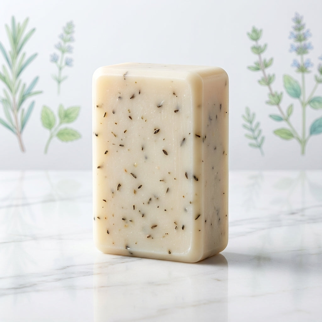 You will be generating high-quality product photos for an online stores product page. The product images should closely match the original products.
      Here is the prompt (IMPORTANT!): """A high-angle studio shot of the Rosemary & Thyme Soap standing up
