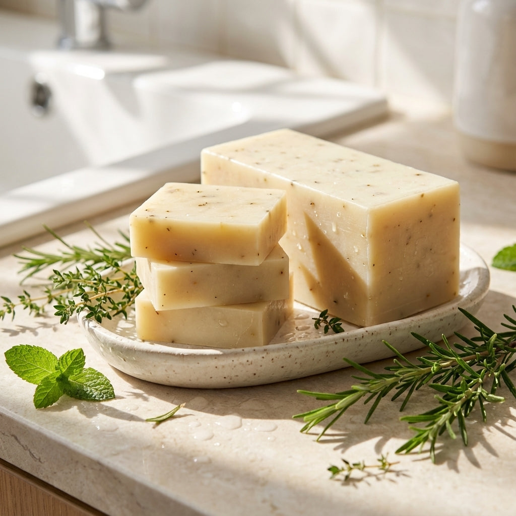 You will be generating high-quality product photos for an online stores product page. The product images should closely match the original products.
      Here is the prompt (IMPORTANT!): """A lifestyle scene shot at a bright, sun-dappled bathroom sink wit