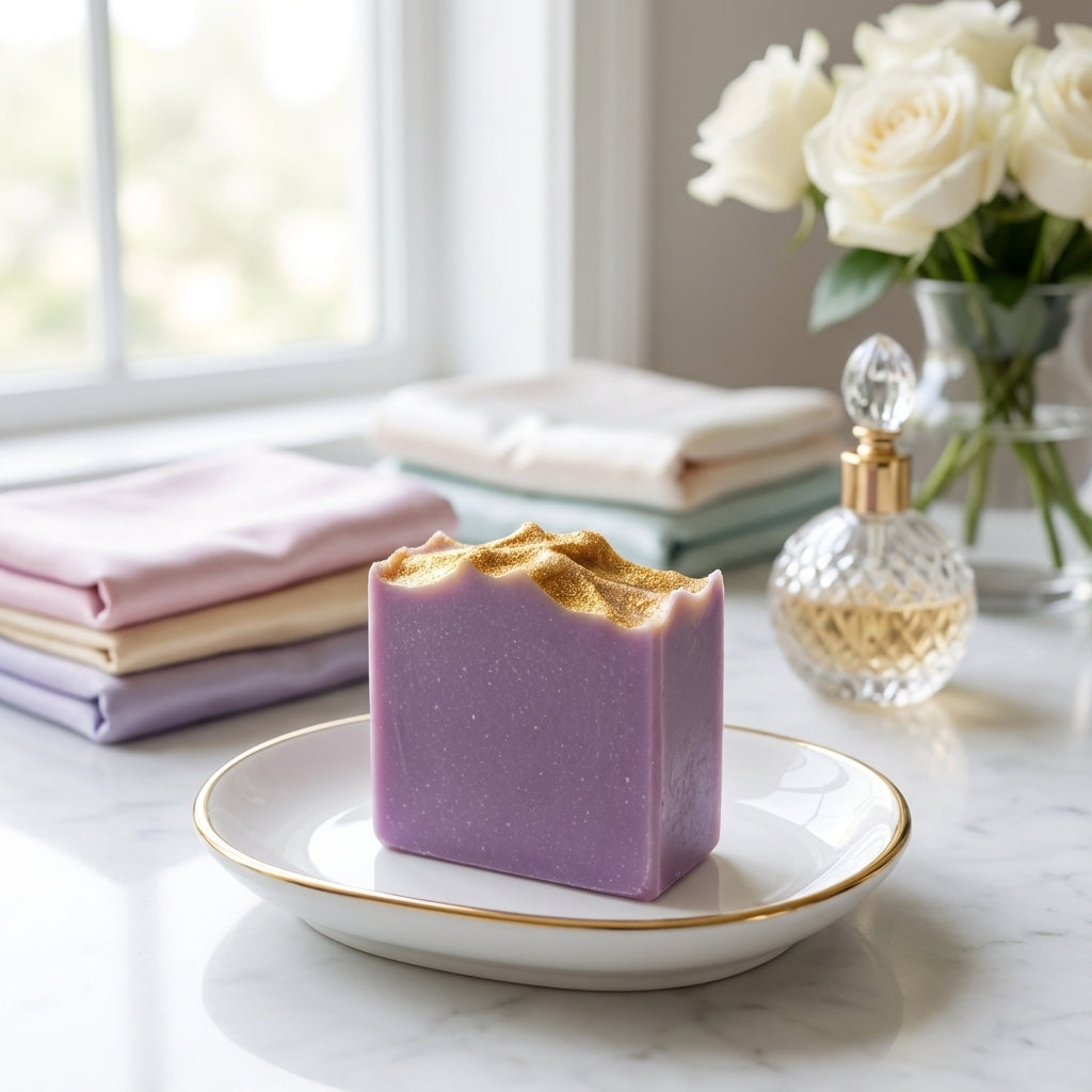 You will be generating high-quality product photos for an online stores product page. The product images should closely match the original products.
      Here is the prompt (IMPORTANT!): """A stylish, feminine bathroom scene featuring 'The Queen Soap' per