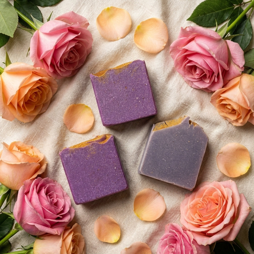 You will be generating high-quality product photos for an online stores product page. The product images should closely match the original products.
      Here is the prompt (IMPORTANT!): """An artistic, overhead shot of 'The Queen Soap' artfully arranged 