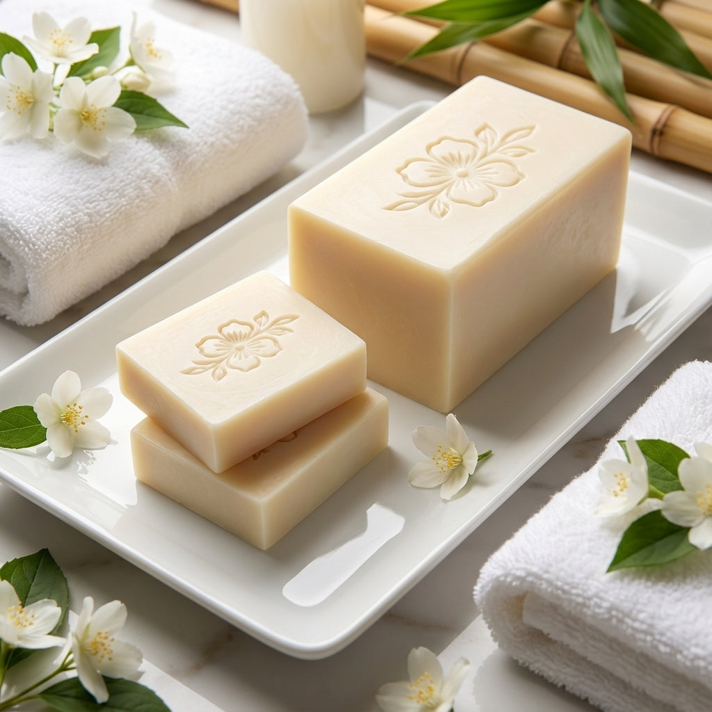 You will be generating high-quality product photos for an online stores product page. The product images should closely match the original products.
      Here is the prompt (IMPORTANT!): """An overhead shot of the 'Milk & Collagen Facial Soap' elegantly a