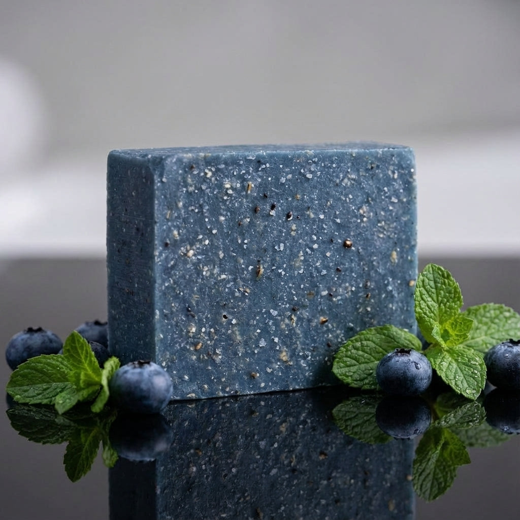 You will be generating high-quality product photos for an online stores product page. The product images should closely match the original products.
      Here is the prompt (IMPORTANT!): """Create a high-resolution studio shot of the Blueberry Scrub Soap 