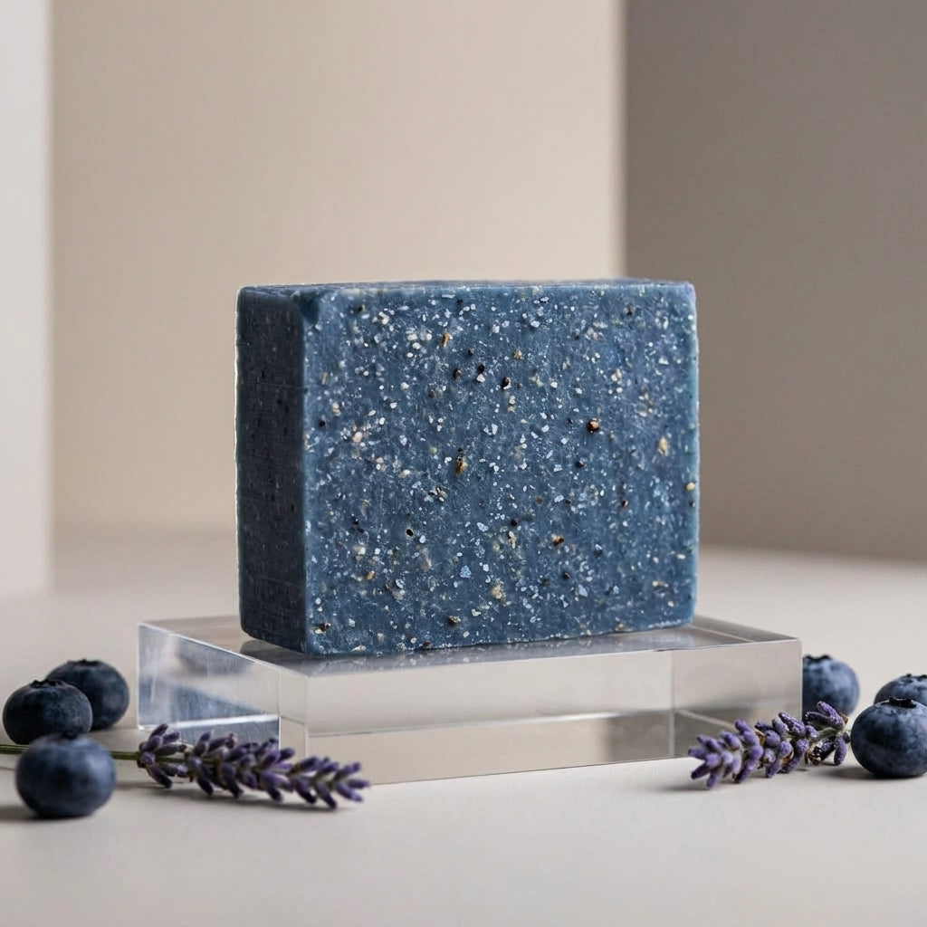 You will be generating high-quality product photos for an online stores product page. The product images should closely match the original products.
      Here is the prompt (IMPORTANT!): """Craft a sophisticated product shot of the Blueberry Scrub Soap di