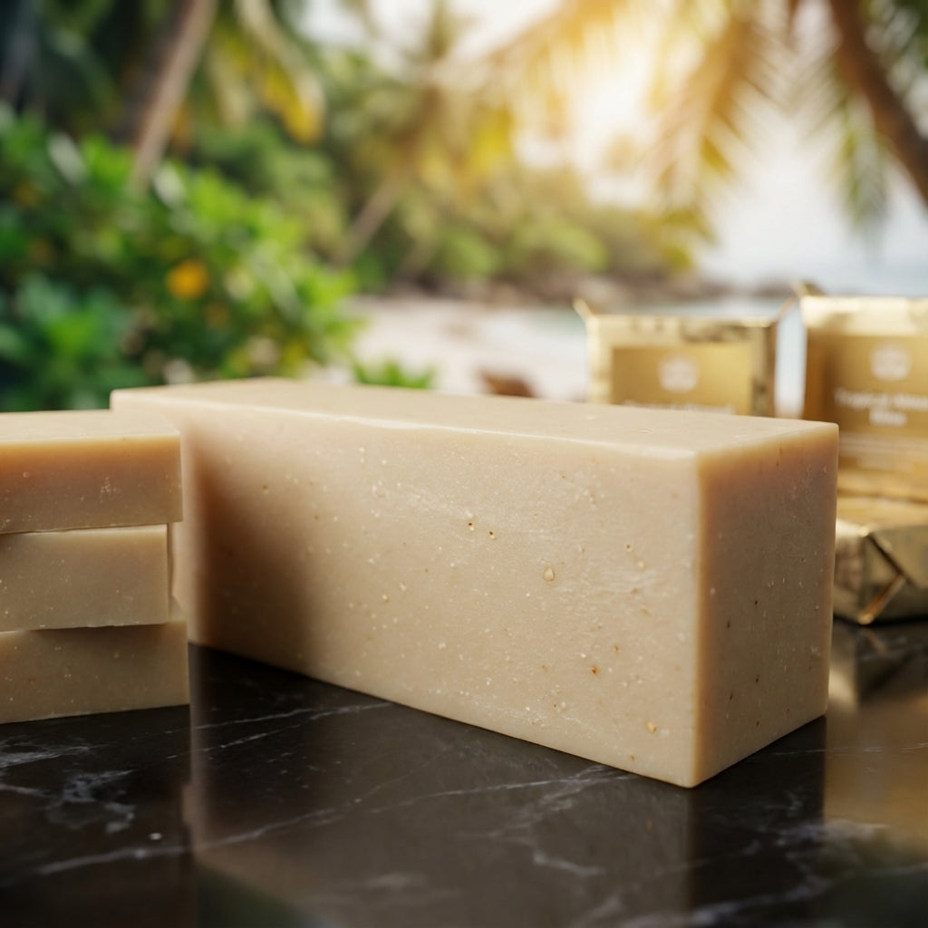 You will be generating high-quality product photos for an online stores product page. The product images should closely match the original products.
      Here is the prompt (IMPORTANT!): """A high-resolution studio shot of the Tropical Almond Bliss Soap p