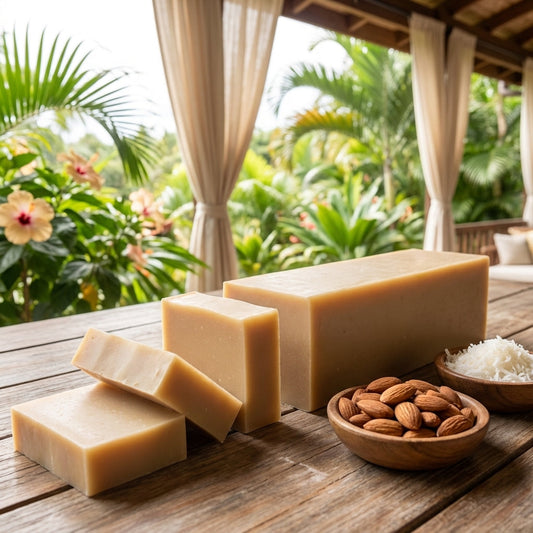You will be generating high-quality product photos for an online stores product page. The product images should closely match the original products.
Here is the prompt (IMPORTANT!): """A vibrant lifestyle scene with the Tropical Almond Bliss Soap pla