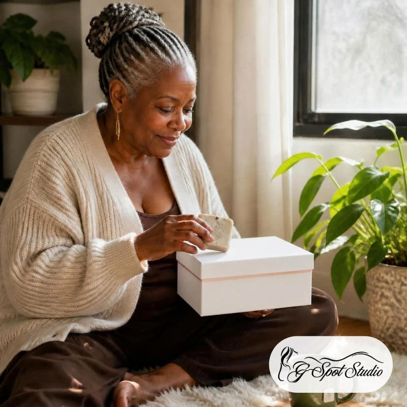 Hearth Nurturer Sanctuary Ritual Box: a woman with silver locs opening her white G Spot Studio ritual box at home